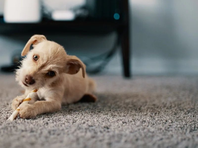 Small dog on a carpeted living room floor
