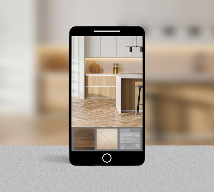 cell phone showing images of kitchen and flooring samples